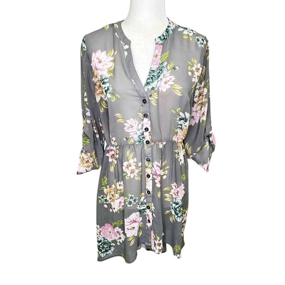 Torrid Lexie Gray Floral Semi Sheer Chiffon Babydoll Tunic Blouse Hi-Lo Dress